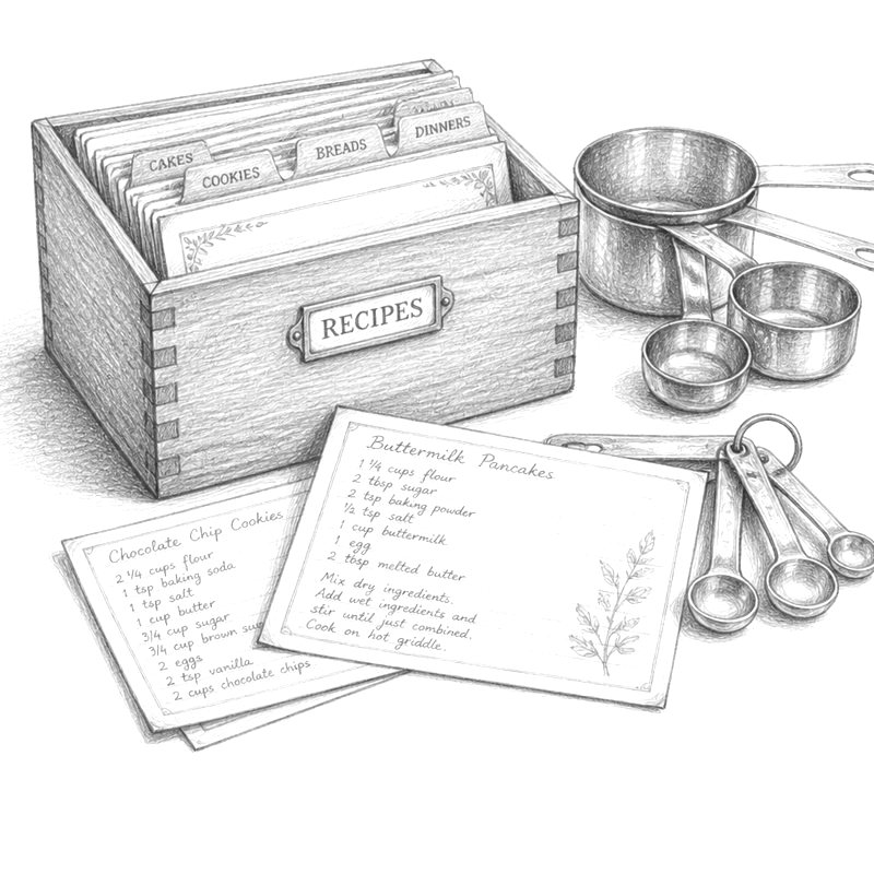 Pencil drawing of a wooden recipe box with handwritten cards and measuring spoons