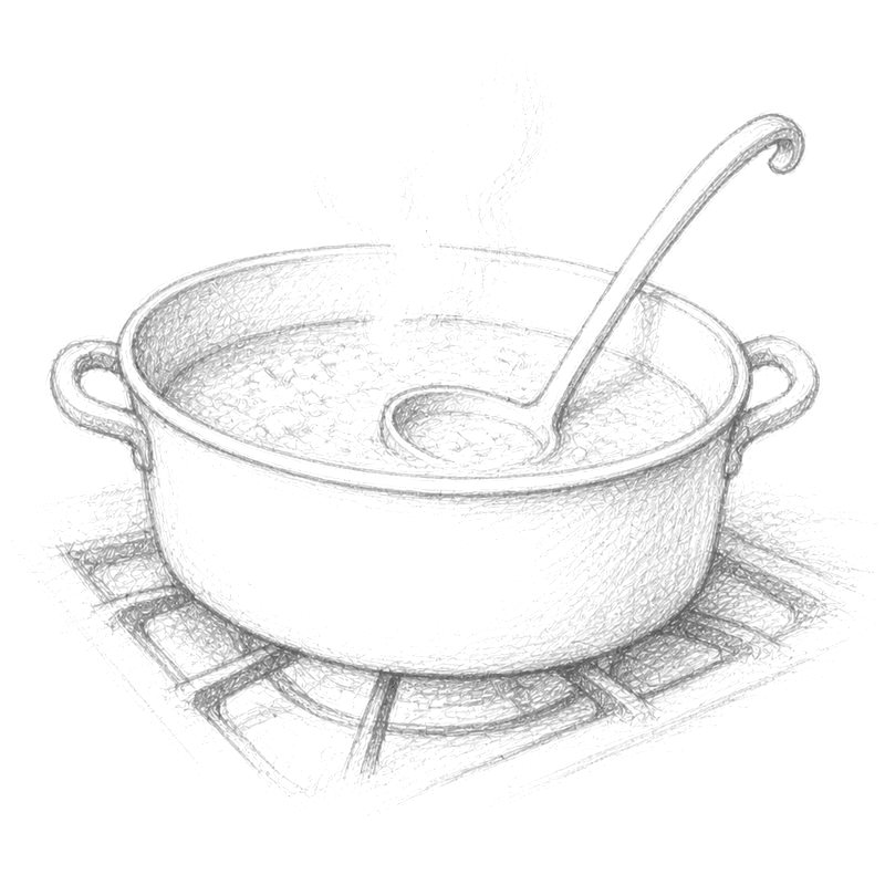 Pencil drawing of a soup pot with a ladle